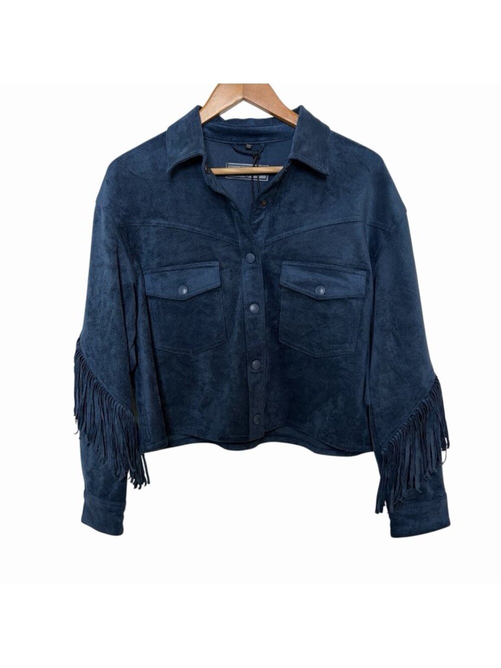 BlankNYC Navy Faux Suede Cropped Fringe Western Jacket Small NEW